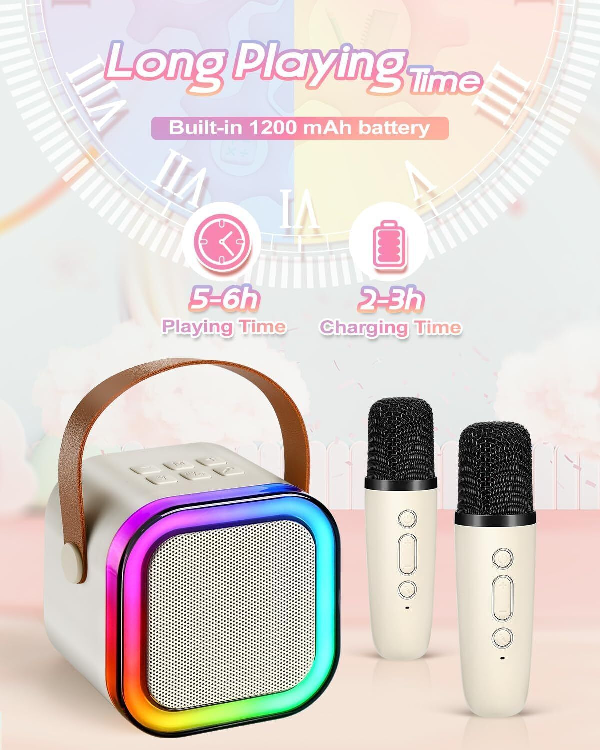 Mini Karaoke Machine Kids with 2 Microphone Portable Bluetooth Speaker LED New A