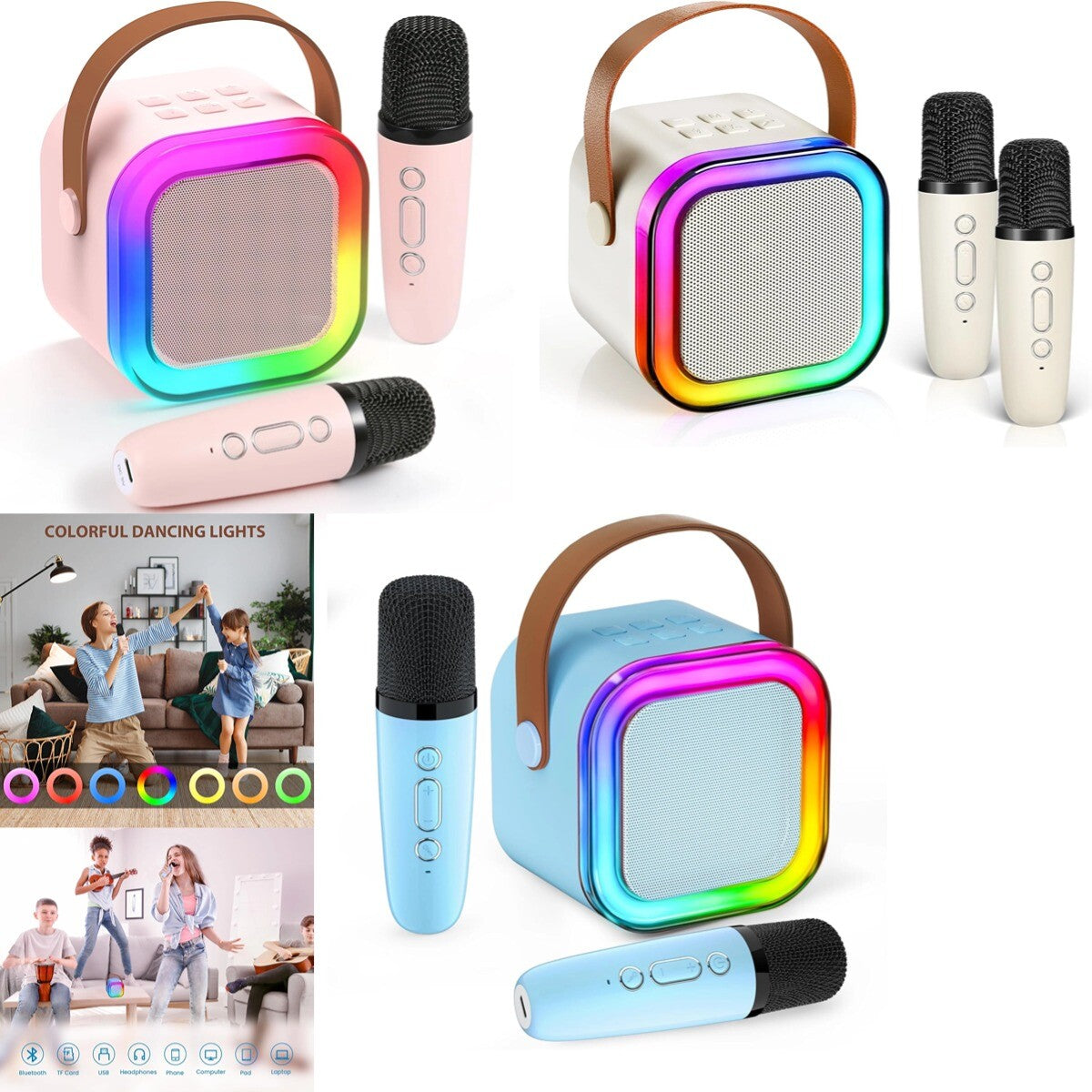 Mini Karaoke Machine Kids with 2 Microphone Portable Bluetooth Speaker LED New A