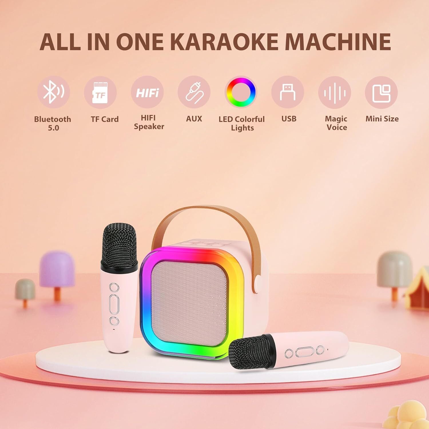 Mini Karaoke Machine Kids with 2 Microphone Portable Bluetooth Speaker LED New A