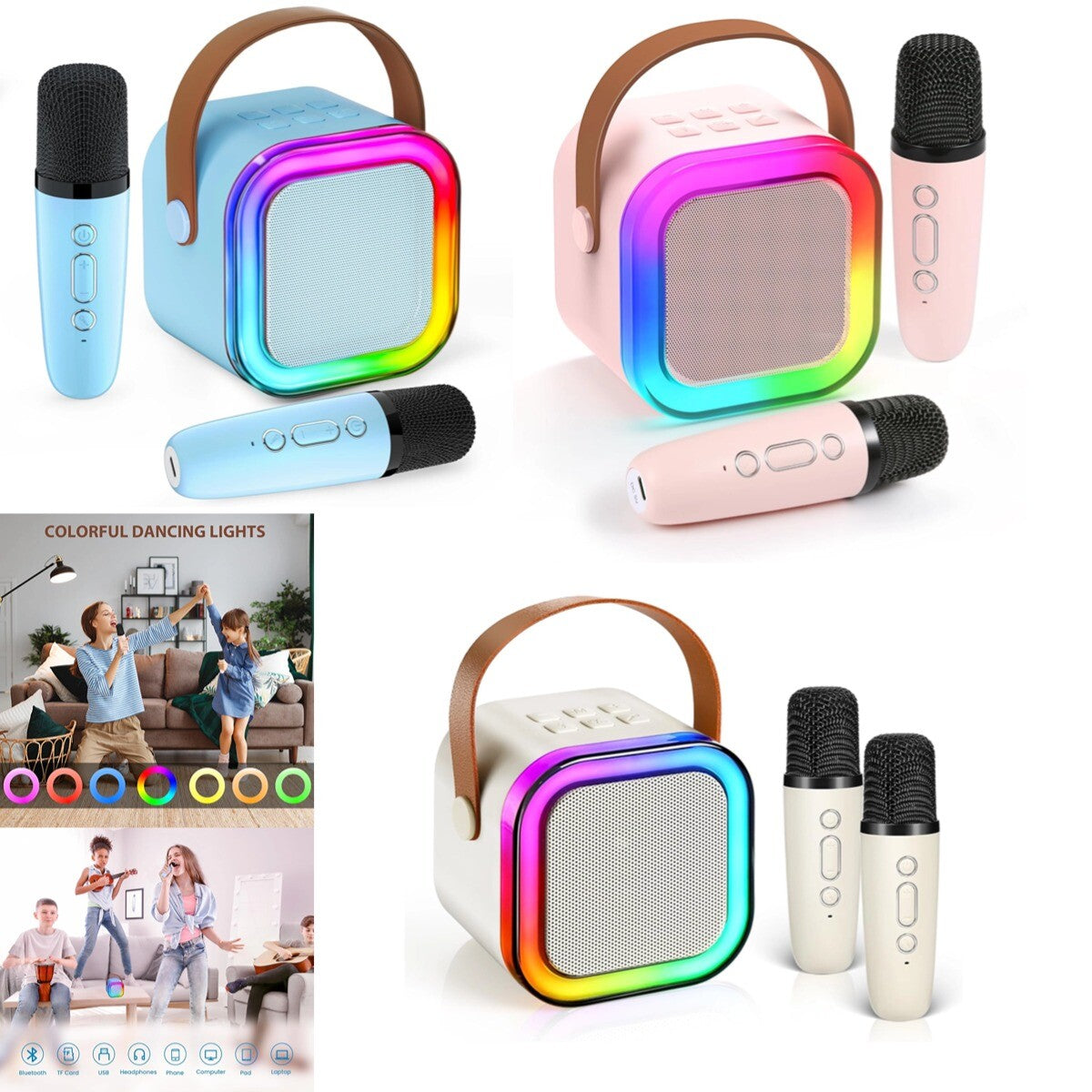 Mini Karaoke Machine Kids with 2 Microphone Portable Bluetooth Speaker LED New A