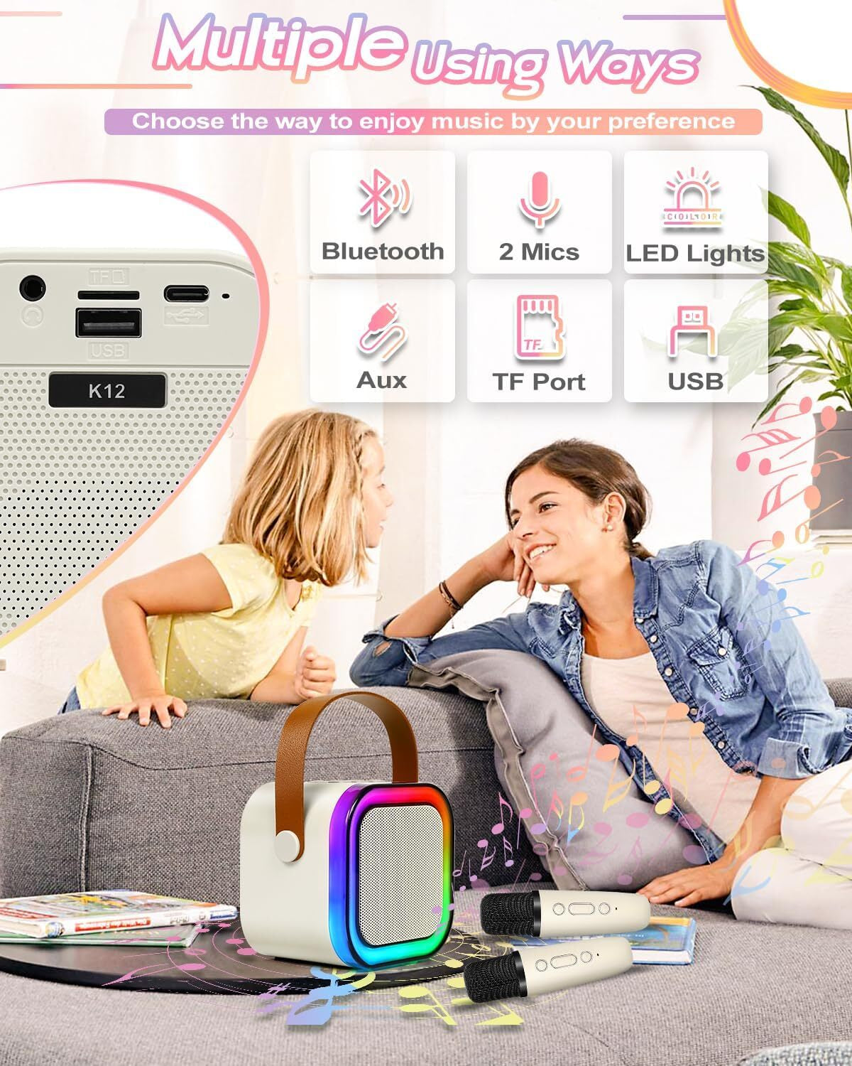 Mini Karaoke Machine Kids with 2 Microphone Portable Bluetooth Speaker LED New A