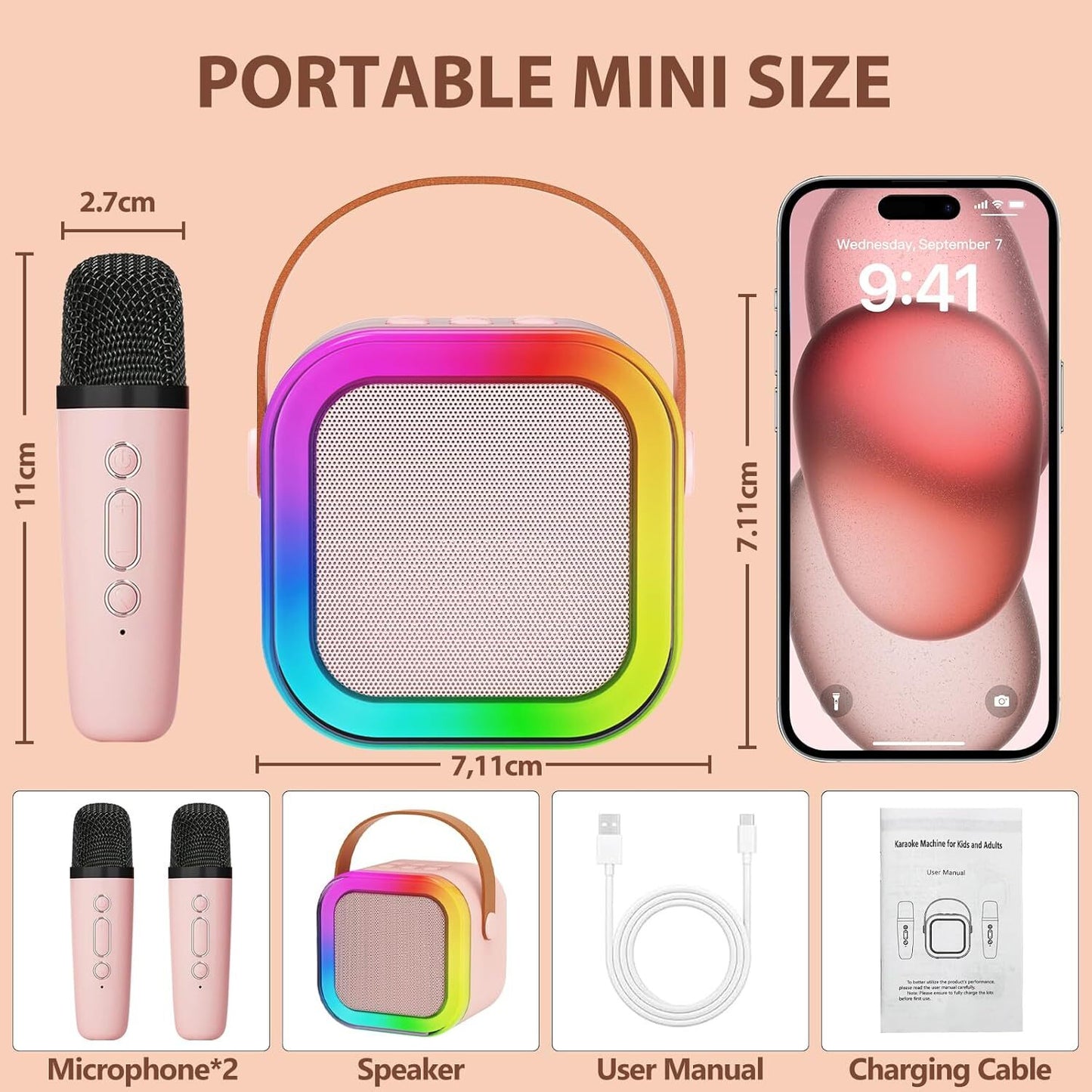 Mini Karaoke Machine Kids with 2 Microphone Portable Bluetooth Speaker LED New A