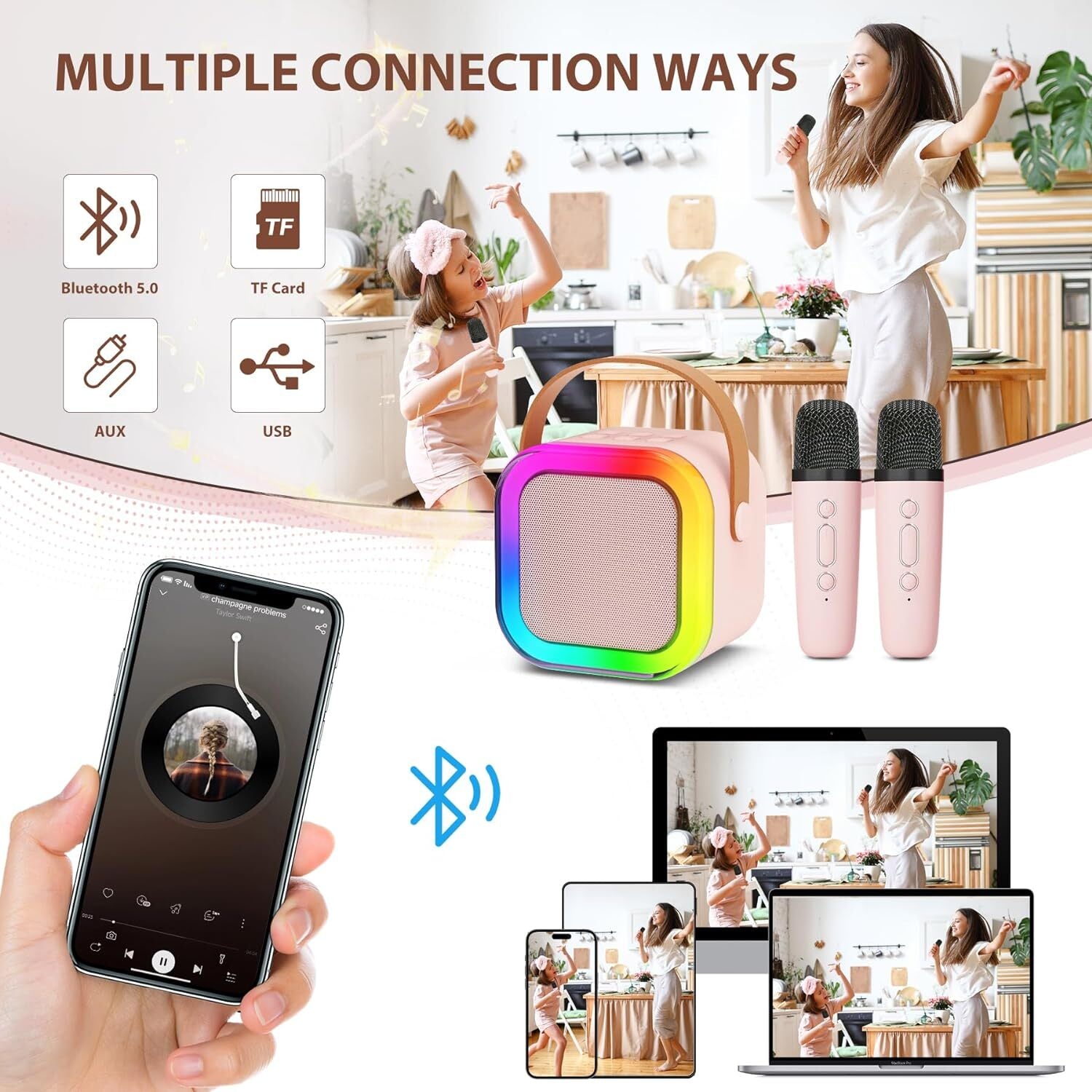 Mini Karaoke Machine Kids with 2 Microphone Portable Bluetooth Speaker LED New A