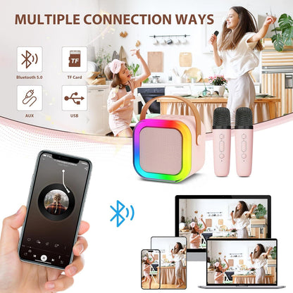 Mini Karaoke Machine Kids with 2 Microphone Portable Bluetooth Speaker LED New A