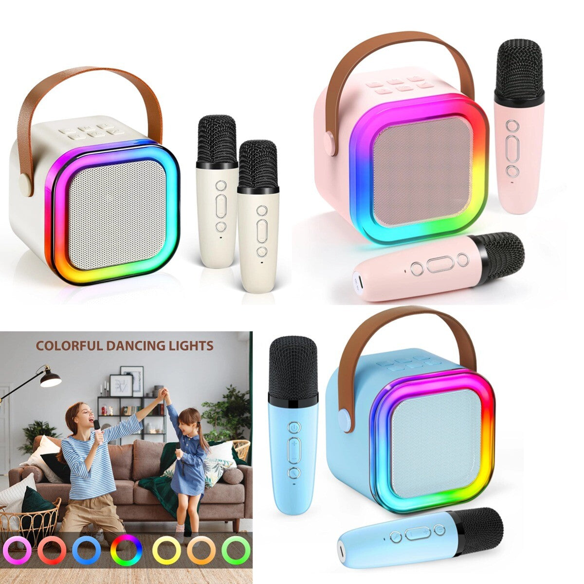 Mini Karaoke Machine Kids with 2 Microphone Portable Bluetooth Speaker LED New A