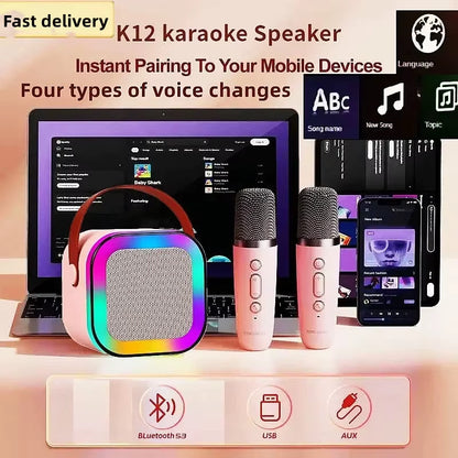 Bluetooth K12 Karaoke Machine Portable 5.3 PA Speaker System with 1-2 Wireless Microphones Home Family Singing Children'S Gifts
