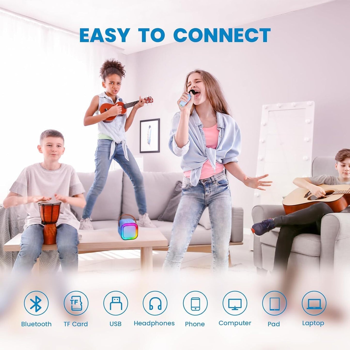 Mini Karaoke Machine Kids with 2 Microphone Portable Bluetooth Speaker LED New A