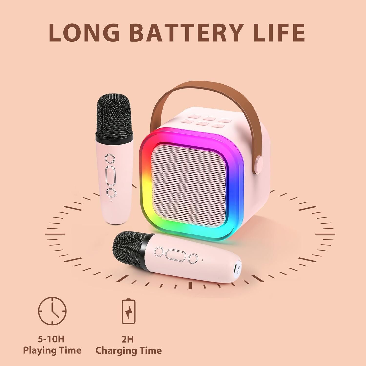 Mini Karaoke Machine Kids with 2 Microphone Portable Bluetooth Speaker LED New A