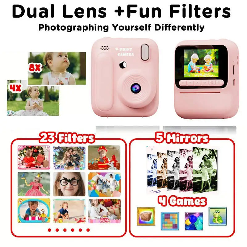 Color Printing Camera Kids Instant Camera 32GB 1080P Thermal Print Digital Camera Print Photo Video Games Music Children Gift